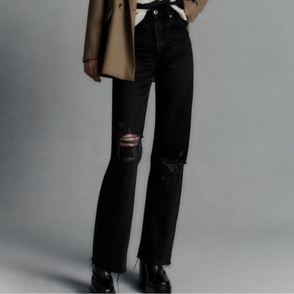 ZARA TRF RIPPED WIDE LEG JEANS, SIZE 0, BLACK